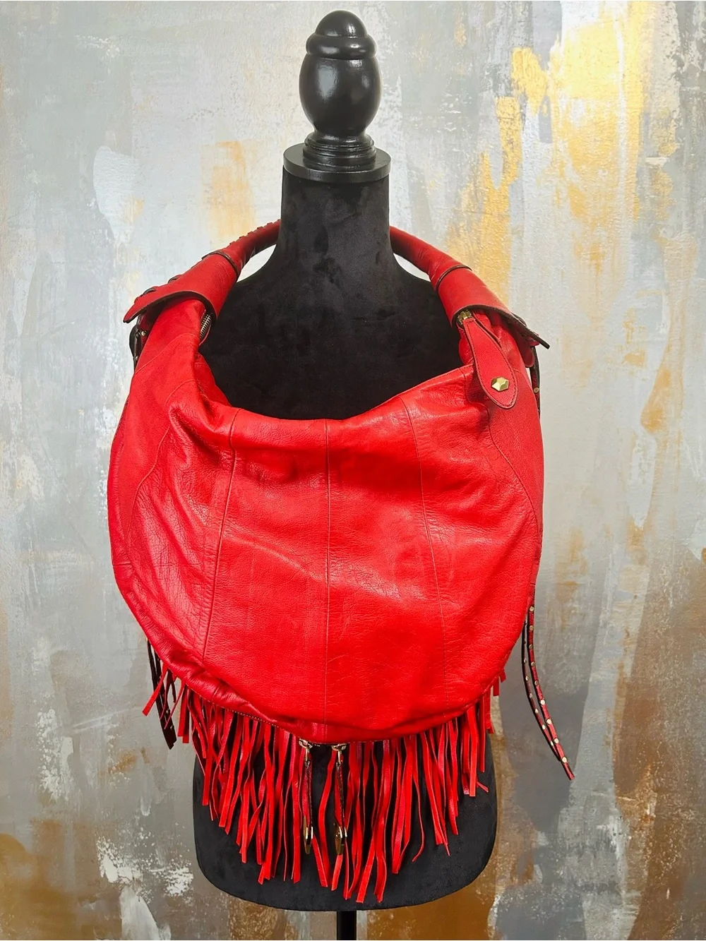 Oryany Red Fringe Leather Hobo Bag